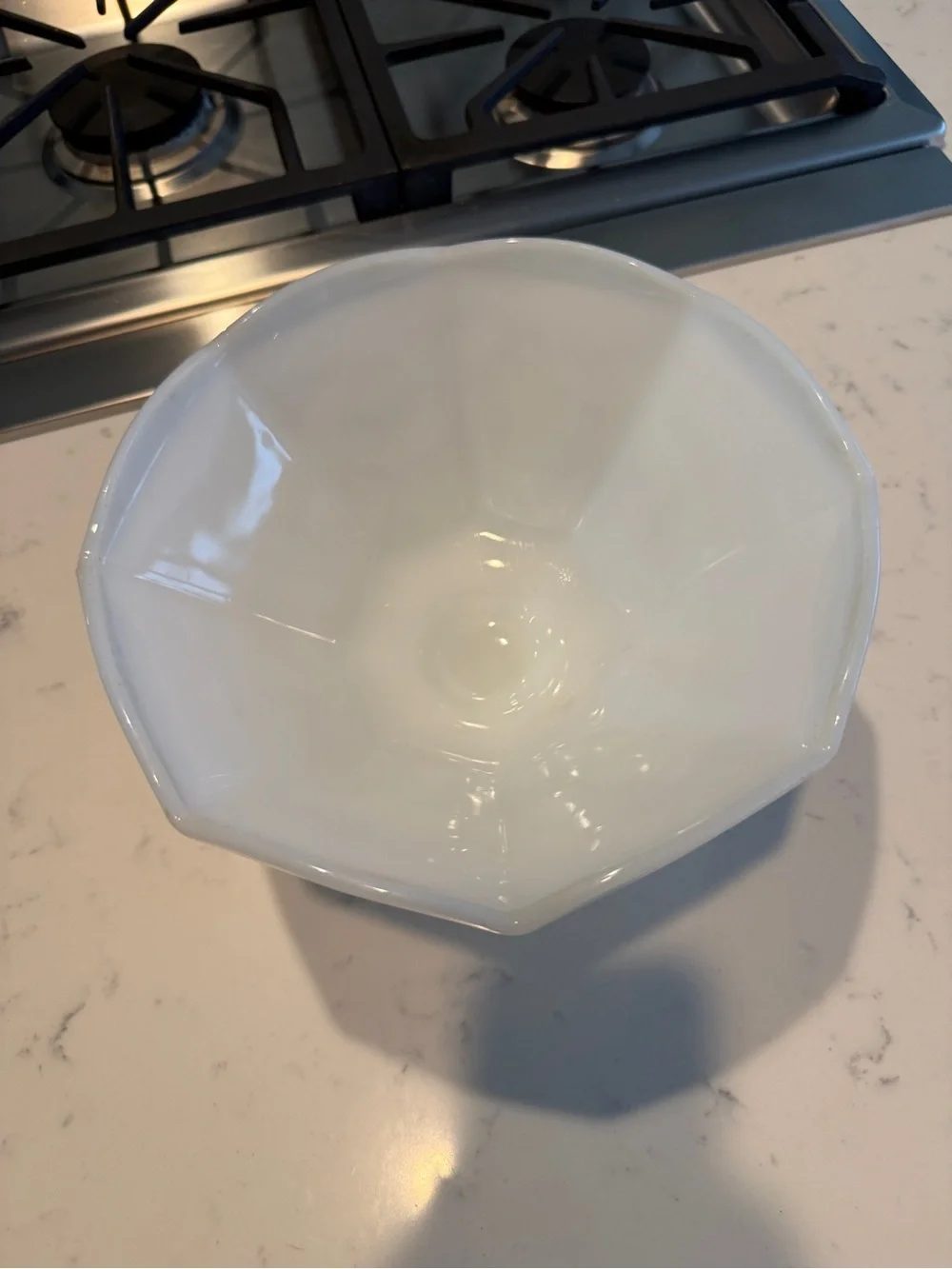 Vintage Milk Glass Paneled Grape Pedestal Compote Bowl Scalloped Rim